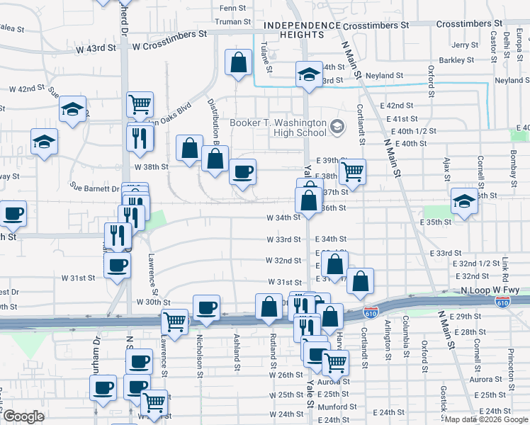 map of restaurants, bars, coffee shops, grocery stores, and more near 232 West 34th Street in Houston