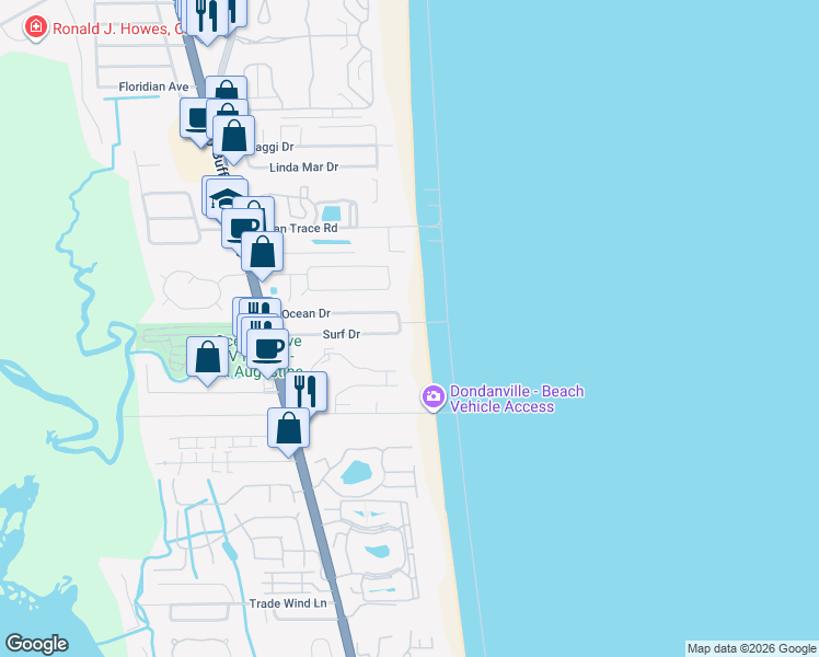 map of restaurants, bars, coffee shops, grocery stores, and more near 1 Surf Drive in St. Augustine
