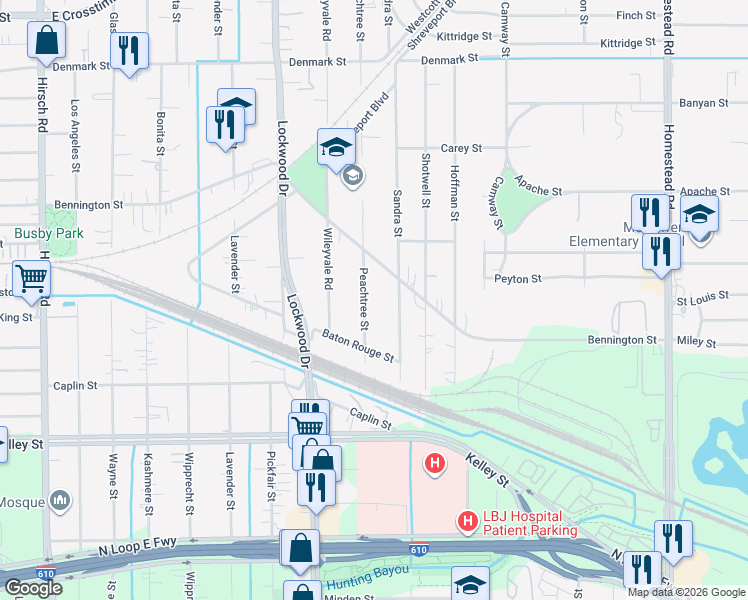 map of restaurants, bars, coffee shops, grocery stores, and more near 6412 Peachtree Street in Houston