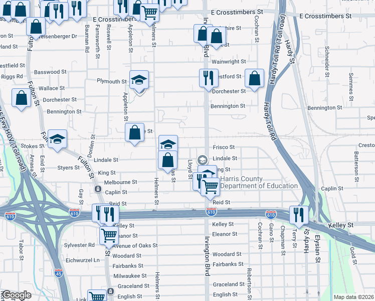 map of restaurants, bars, coffee shops, grocery stores, and more near 6615 Lloyd Street in Houston