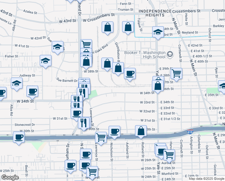 map of restaurants, bars, coffee shops, grocery stores, and more near 428 West 34th Street in Houston