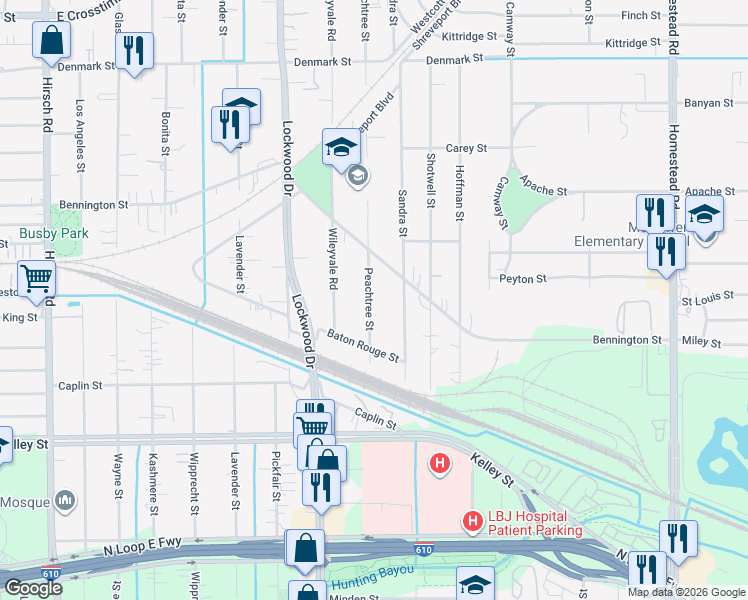 map of restaurants, bars, coffee shops, grocery stores, and more near 6412 Peachtree Street in Houston