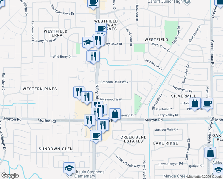 map of restaurants, bars, coffee shops, grocery stores, and more near 19907 Eastman Place in Katy