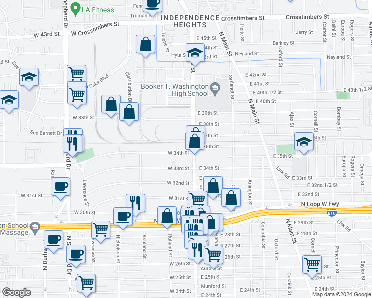 map of restaurants, bars, coffee shops, grocery stores, and more near 212 West 34th Street in Houston