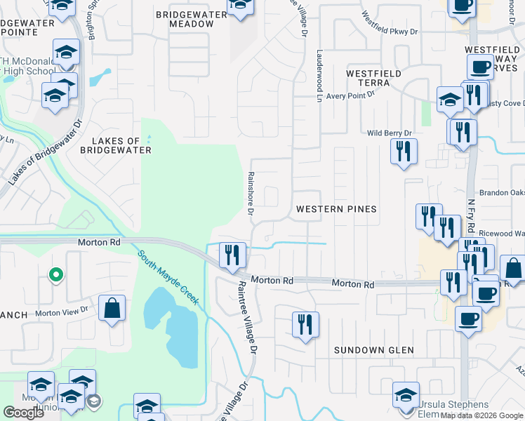 map of restaurants, bars, coffee shops, grocery stores, and more near 20735 Rainmill Drive in Katy
