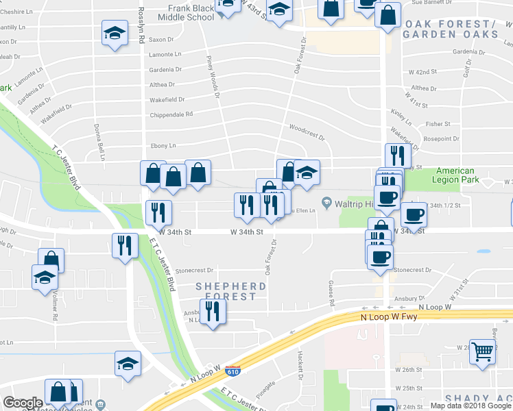 map of restaurants, bars, coffee shops, grocery stores, and more near 2106 Lou Ellen Lane in Houston