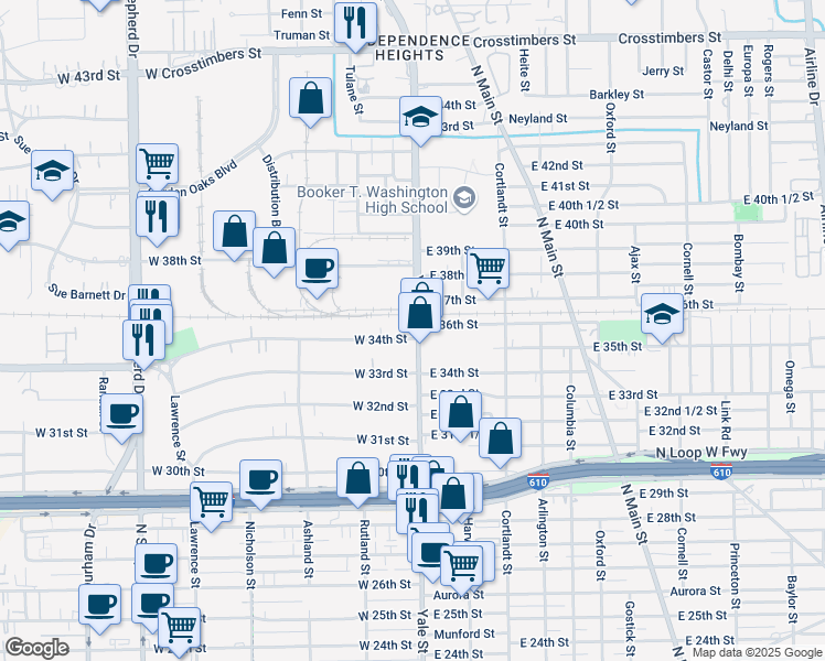 map of restaurants, bars, coffee shops, grocery stores, and more near 208 West 34th Street in Houston
