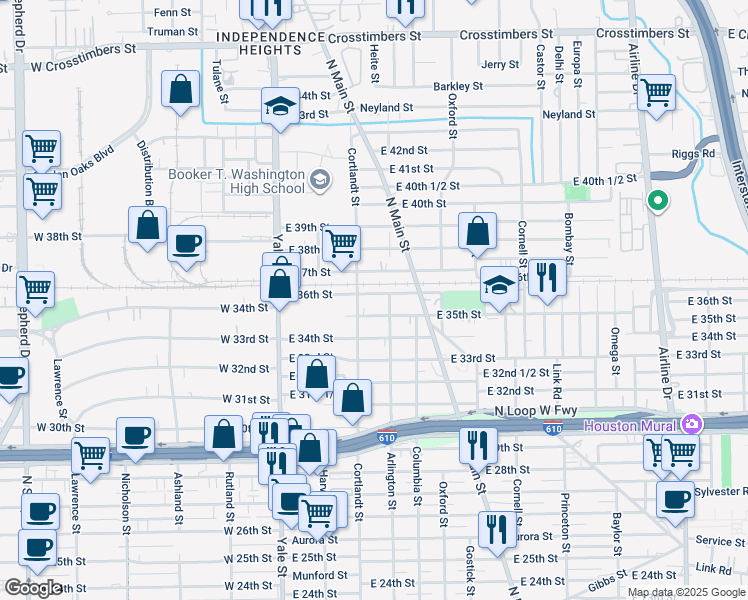 map of restaurants, bars, coffee shops, grocery stores, and more near 310 East 36th Street in Houston