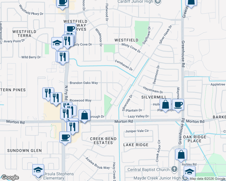 map of restaurants, bars, coffee shops, grocery stores, and more near 3123 Painted Meadow Circle in Katy