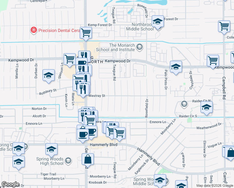 map of restaurants, bars, coffee shops, grocery stores, and more near 2602 Teague Road in Houston