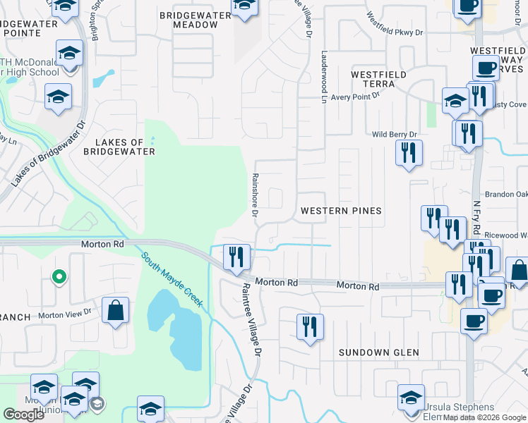 map of restaurants, bars, coffee shops, grocery stores, and more near 20735 Rainmill Drive in Katy
