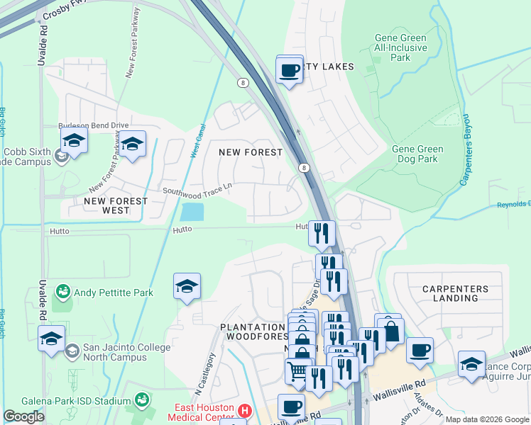 map of restaurants, bars, coffee shops, grocery stores, and more near 15226 Russelfern Lane in Houston