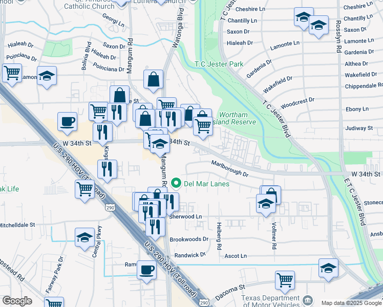 map of restaurants, bars, coffee shops, grocery stores, and more near 4619 West 34th Street in Houston