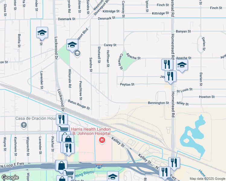 map of restaurants, bars, coffee shops, grocery stores, and more near 6510 Hoffman Street in Houston