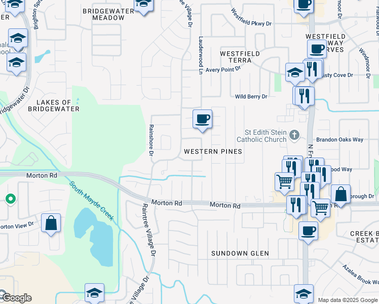 map of restaurants, bars, coffee shops, grocery stores, and more near 20522 Cedar Rain Drive in Katy