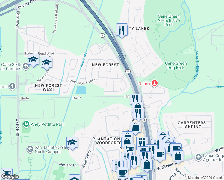 map of restaurants, bars, coffee shops, grocery stores, and more near 15226 Russelfern Lane in Houston