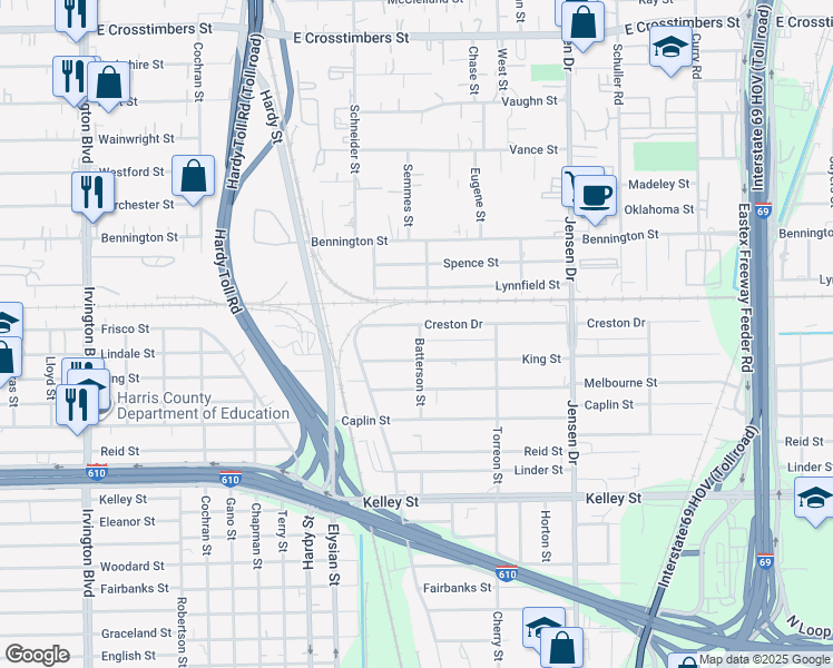 map of restaurants, bars, coffee shops, grocery stores, and more near 1916 Creston Drive in Houston