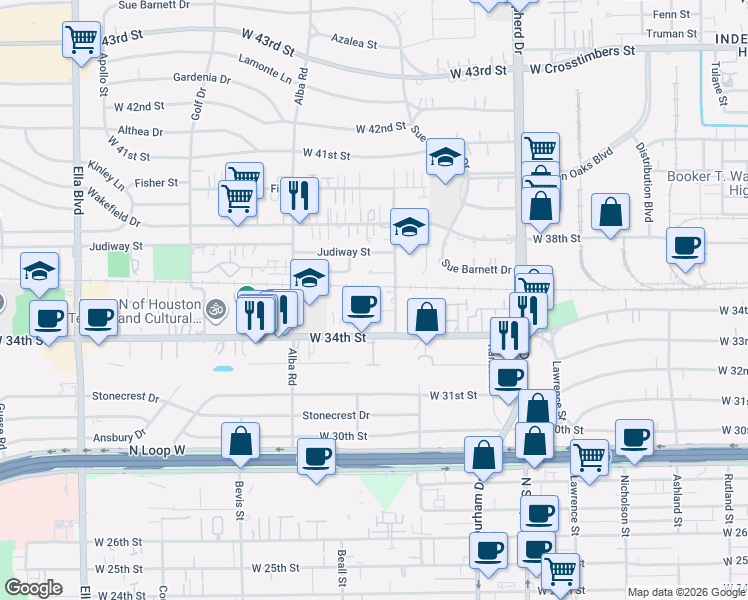 map of restaurants, bars, coffee shops, grocery stores, and more near 3409 Brinkman Street in Houston