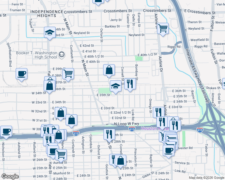 map of restaurants, bars, coffee shops, grocery stores, and more near 3514 Ajax Street in Houston