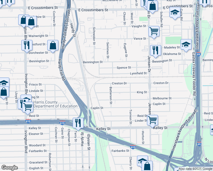 map of restaurants, bars, coffee shops, grocery stores, and more near 1916 Creston Drive in Houston
