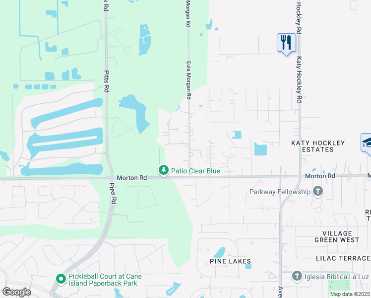 map of restaurants, bars, coffee shops, grocery stores, and more near 3115 Eula Morgan Road in Katy