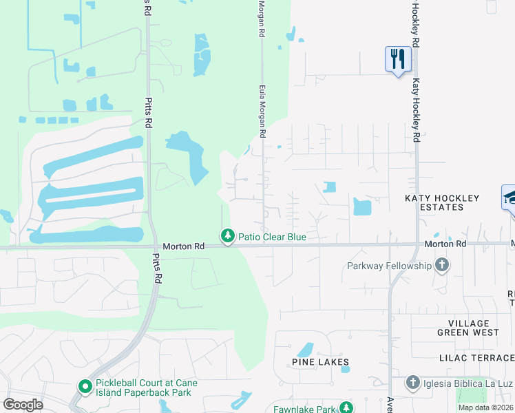 map of restaurants, bars, coffee shops, grocery stores, and more near 3115 Eula Morgan Road in Katy