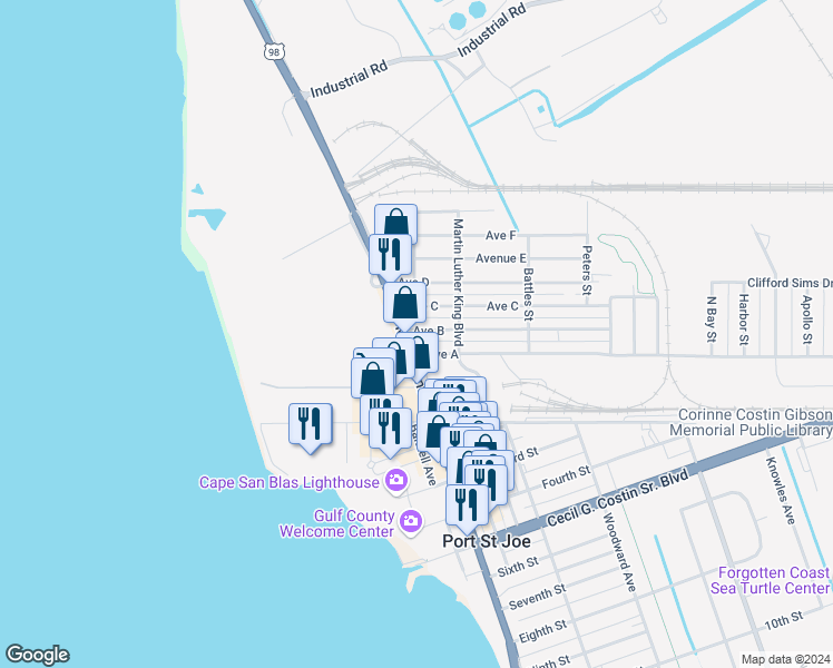 map of restaurants, bars, coffee shops, grocery stores, and more near 212 U.S. 98 in Port St. Joe