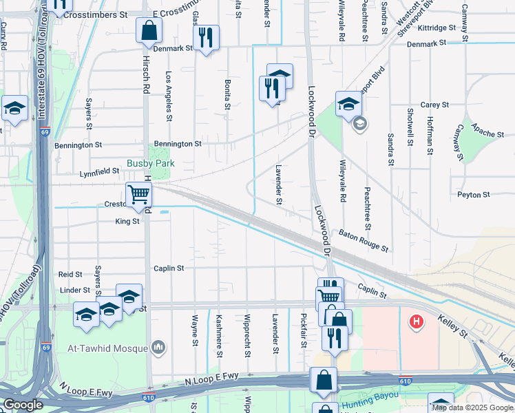 map of restaurants, bars, coffee shops, grocery stores, and more near 4604 Baton Rouge Street in Houston