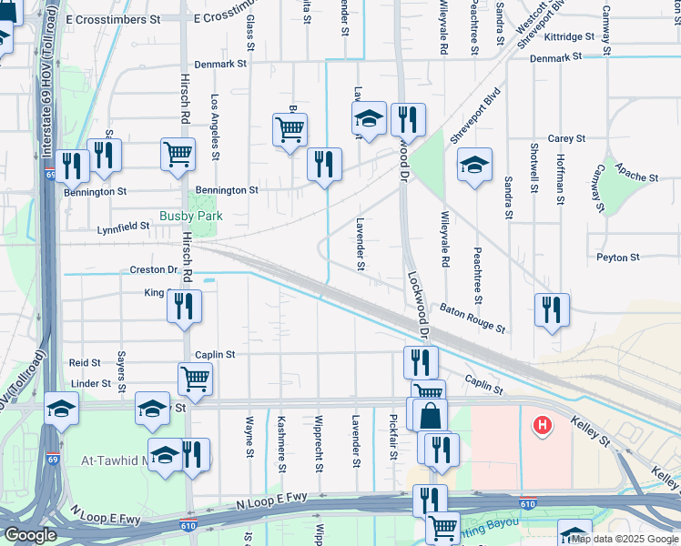 map of restaurants, bars, coffee shops, grocery stores, and more near 4604 Baton Rouge Street in Houston
