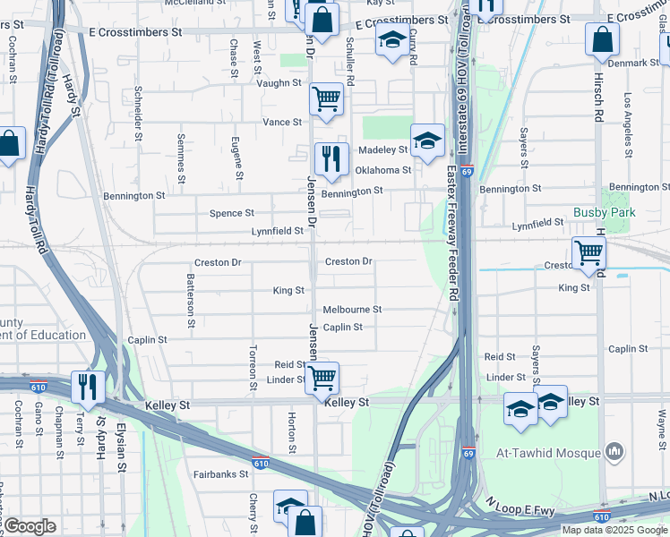 map of restaurants, bars, coffee shops, grocery stores, and more near 2909 King Street in Houston