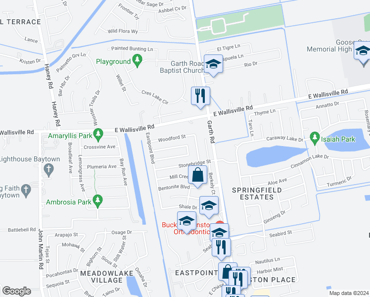 map of restaurants, bars, coffee shops, grocery stores, and more near 4906 Black Rock Street in Baytown