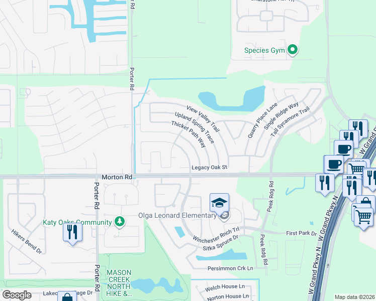 map of restaurants, bars, coffee shops, grocery stores, and more near 3027 Winchester Ranch Trail in Katy