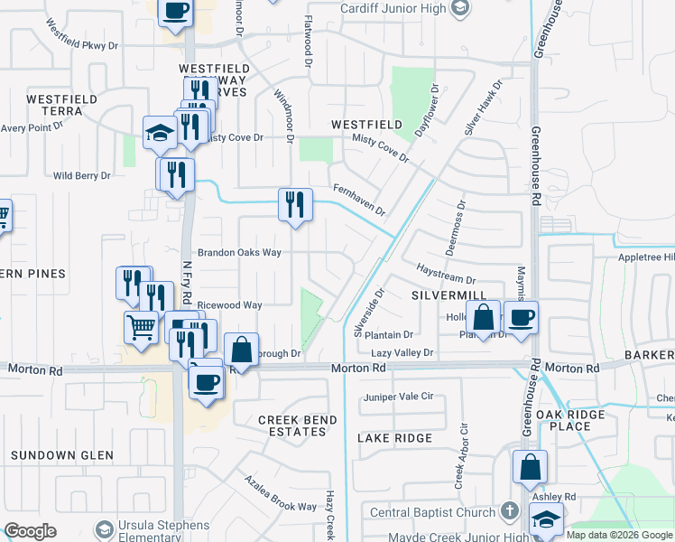 map of restaurants, bars, coffee shops, grocery stores, and more near 3123 Painted Meadow Circle in Katy