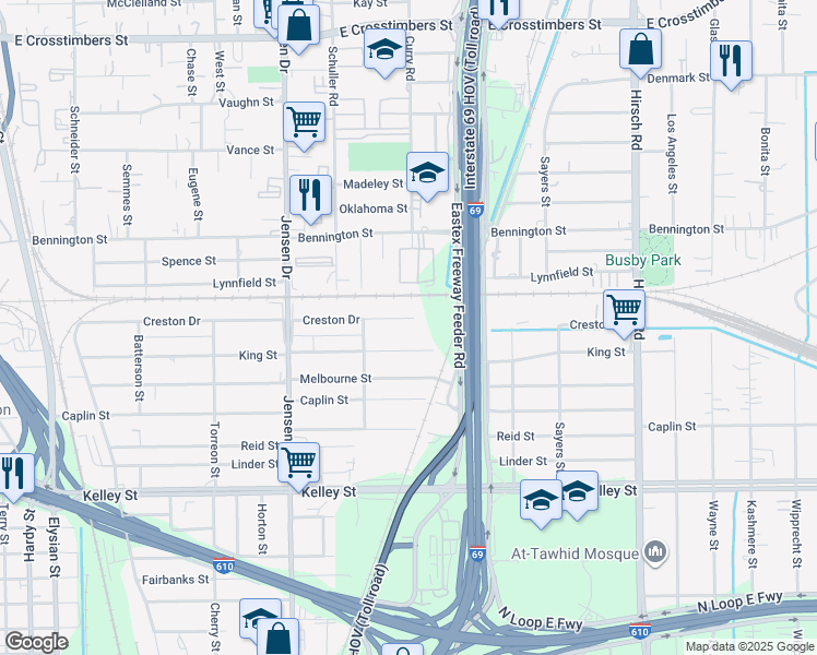 map of restaurants, bars, coffee shops, grocery stores, and more near 3305 King Street in Houston