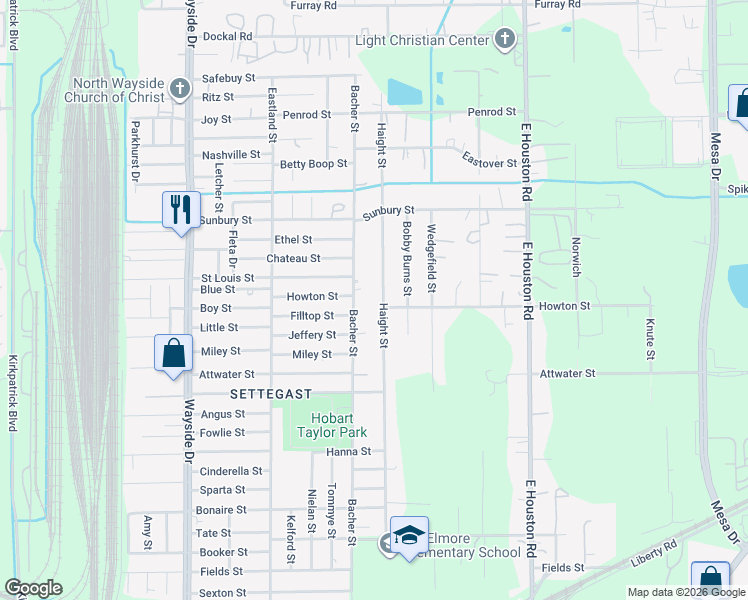 map of restaurants, bars, coffee shops, grocery stores, and more near 6126 Bacher Street in Houston