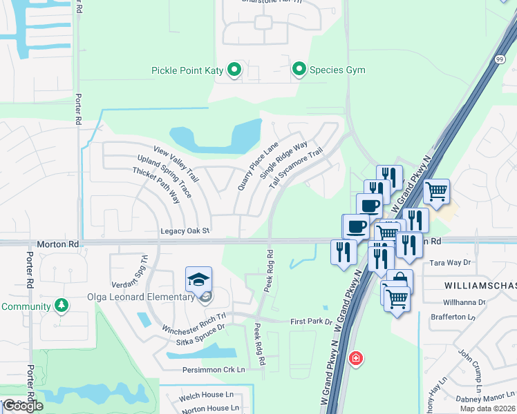 map of restaurants, bars, coffee shops, grocery stores, and more near 3102 Single Ridge Way in Katy