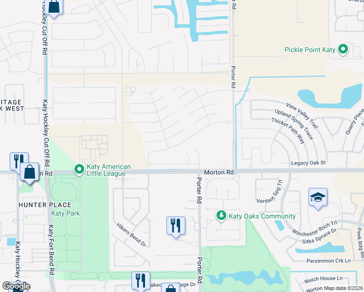 map of restaurants, bars, coffee shops, grocery stores, and more near Morton Road in Katy