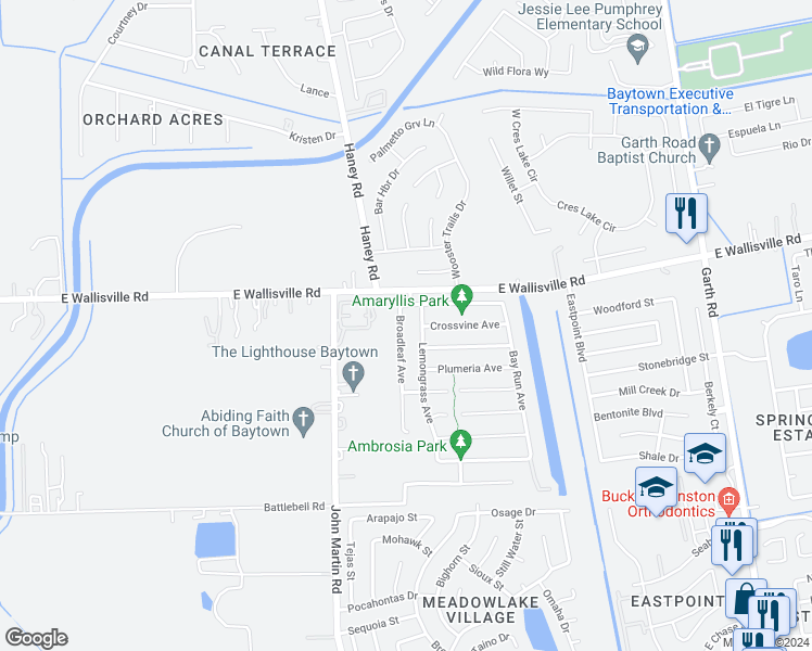 map of restaurants, bars, coffee shops, grocery stores, and more near 8422 Broadleaf Avenue in Baytown