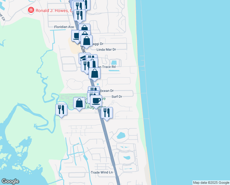map of restaurants, bars, coffee shops, grocery stores, and more near 59 Ocean Drive in Saint Augustine