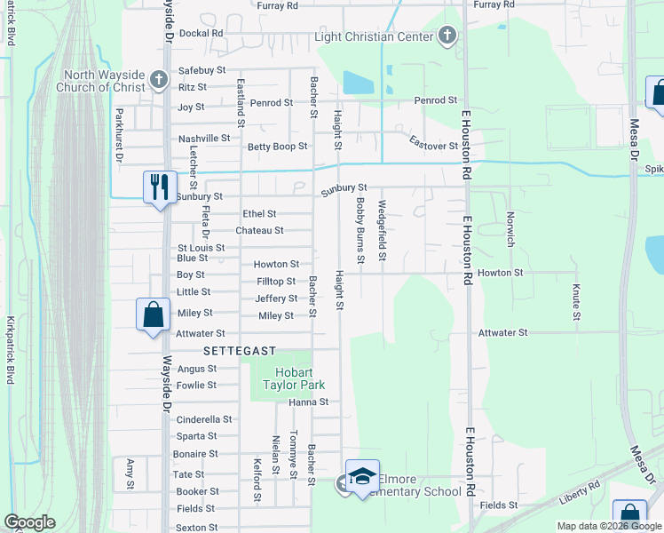 map of restaurants, bars, coffee shops, grocery stores, and more near 6126 Bacher Street in Houston