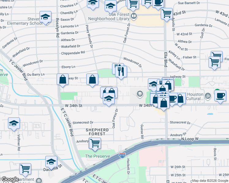 map of restaurants, bars, coffee shops, grocery stores, and more near 3502 Oak Forest Drive in Houston