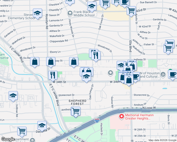 map of restaurants, bars, coffee shops, grocery stores, and more near 2106 Lou Ellen Lane in Houston