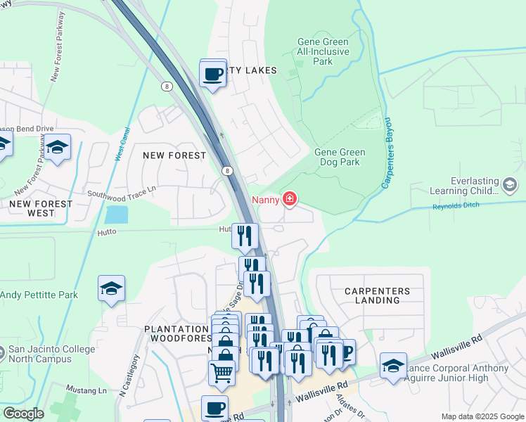 map of restaurants, bars, coffee shops, grocery stores, and more near 6464 Texas 8 Beltway Frontage Road in Houston