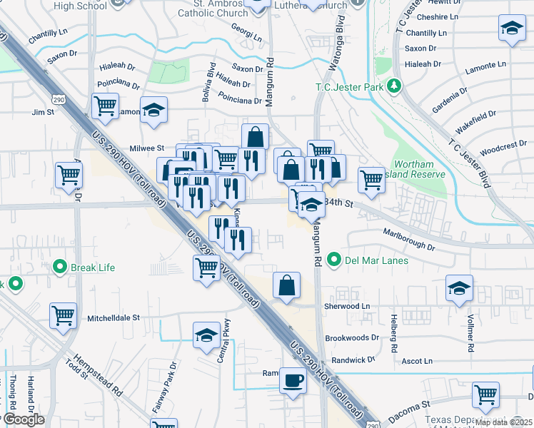map of restaurants, bars, coffee shops, grocery stores, and more near 4923 West 34th Street in Houston