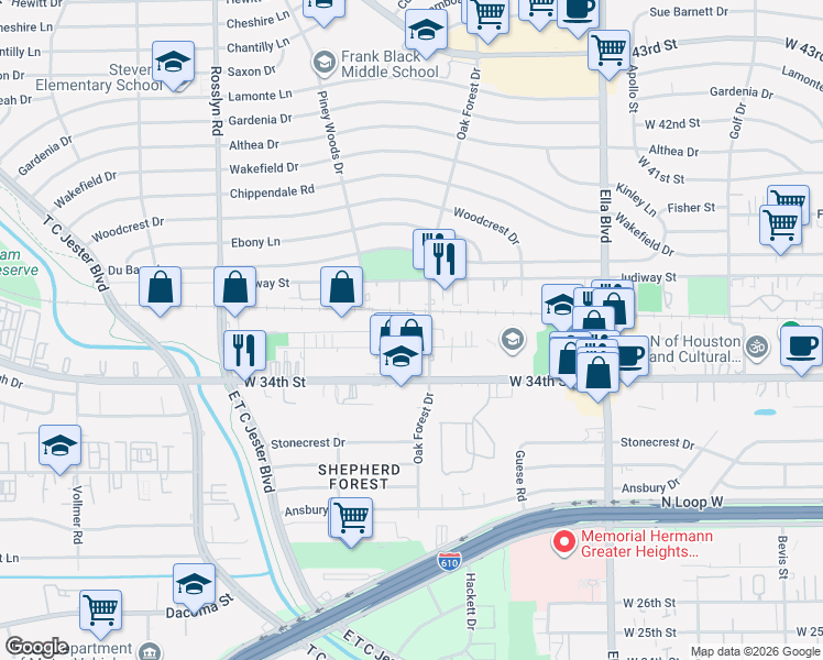 map of restaurants, bars, coffee shops, grocery stores, and more near 2106 Lou Ellen Lane in Houston