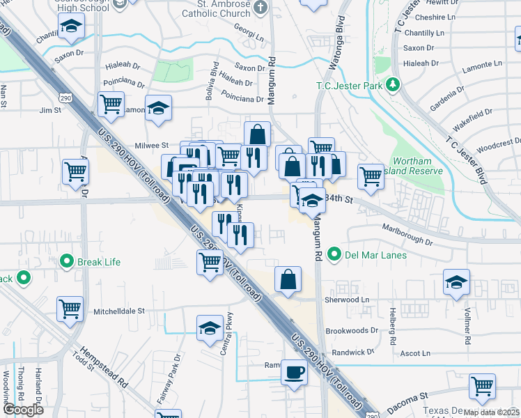 map of restaurants, bars, coffee shops, grocery stores, and more near 4923 West 34th Street in Houston