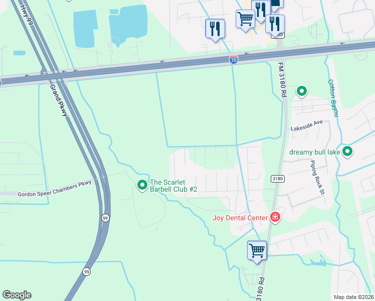 map of restaurants, bars, coffee shops, grocery stores, and more near Sweet Bay Circle in Baytown