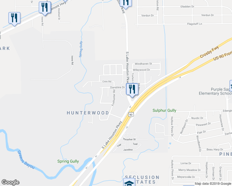 map of restaurants, bars, coffee shops, grocery stores, and more near 6338 Foxhunter Road in Houston