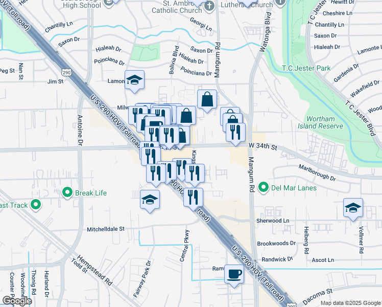 map of restaurants, bars, coffee shops, grocery stores, and more near 5005 West 34th Street in Houston