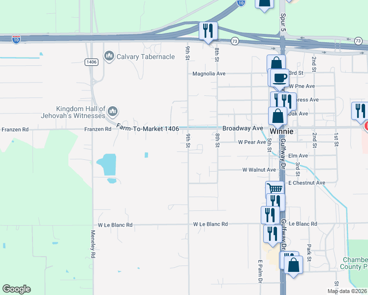 map of restaurants, bars, coffee shops, grocery stores, and more near 807 9th Street in Winnie